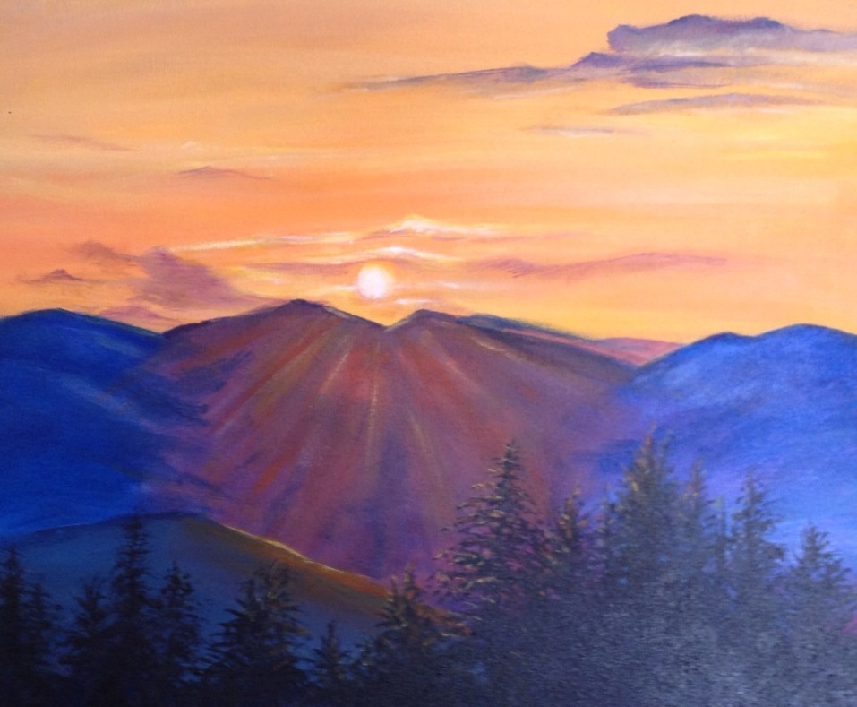 painting of a mountain range, the sun rising just over the top