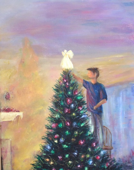 painting of a boy putting an angel on top of a christmas tree