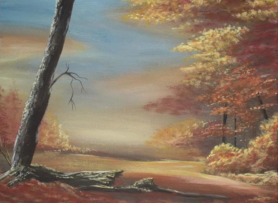 painting of an autumn wood with lone tree