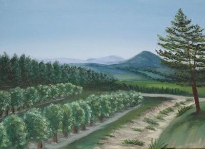 painting of a vineyard with mountain in background