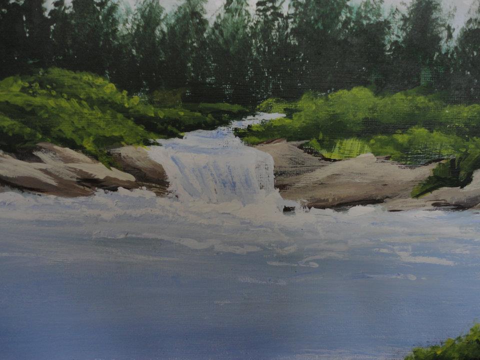 painting of a small waterfall with lake